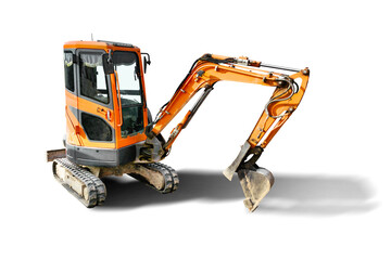 Mini excavator on a white isolated background. Compact construction equipment for earthworks....