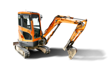 Mini excavator on a white isolated background. Compact construction equipment for earthworks. close-up. Element for design. Rental of construction equipment.
