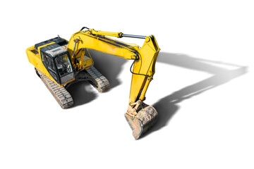 Crawler excavator with a large bucket on a white isolated background. Powerful excavator with an...