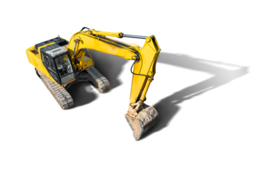 Crawler excavator with a large bucket on a white isolated background. Powerful excavator with an elongated bucket close-up, top view. Element for design. Rental of construction equipment.