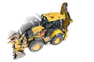 Large wheeled excavator loader or bulldozer on a white isolated background top view. Universal construction equipment. Rental of construction equipment. Contract for earthwork. © Anoo