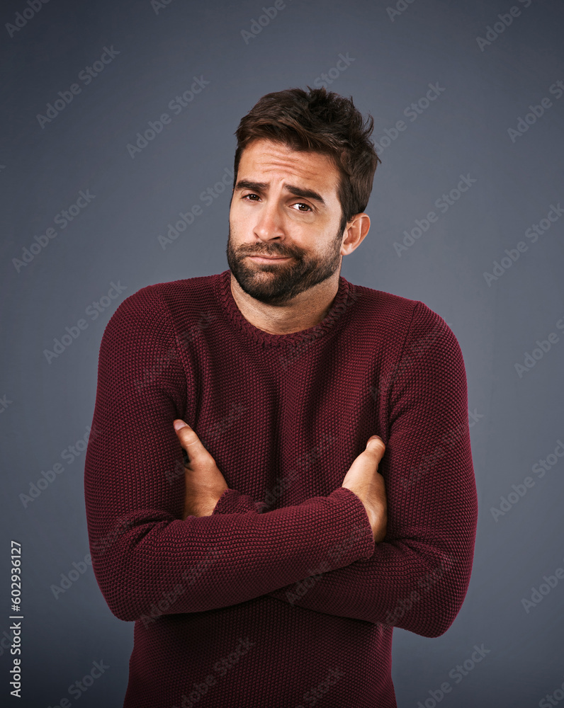 Poster doubt, shrug and portrait of man in studio unsure against a grey background space. confused, face an