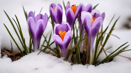 Beautiful crocuses growing through snow, space for text. First spring flowers, crocus flowers in snow, Generative AI