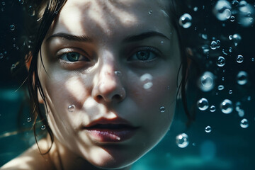 A beautiful green eyes brunette woman swimming in the clear pool water, look straight to camera with captivated eyes, generative ai