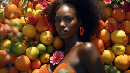 Fototapeta na wymiar Generative ai fashion portrait woman surrounded by fruit