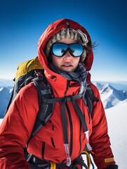 beautiful woman mountaineer at the top of the mountain, wearing full mountaineering gear, in clear blue sky weather conditions during early morning, generative ai