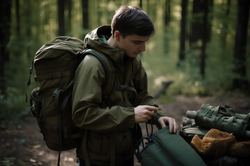 A young man prepares for a hike and packs a large green tactical backpack with pockets, generative ai