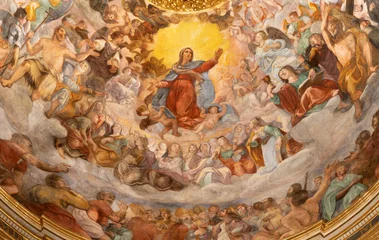 Fotobehang GENOVA, ITALY - MARCH 5, 2023: The fresco of Virgin Mary in the Glory from main cupola of church Chiesa del Gesu by Giovanni Battista and his brother Giovanni Carlone from 17. cent. © Renáta Sedmáková