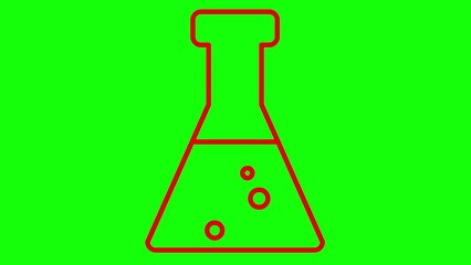 Animated red beaker with liquid. Symbol of analyses. Concept of chemistry, experiments, research, science. Looped video. Linear vector illustration on green background.