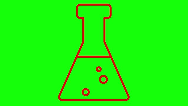 Animated red beaker with liquid. Symbol of analyses. Concept of chemistry, experiments, research, science. Looped video. Linear vector illustration on green background.