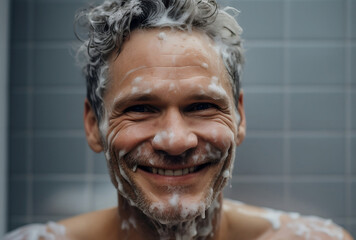 portrait of a man with a beard hair full of shampoo, smiling in bathroom for product template, generative ai