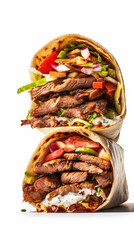 Kebab wrap with beef and vegetables is shown on white background Generative AI