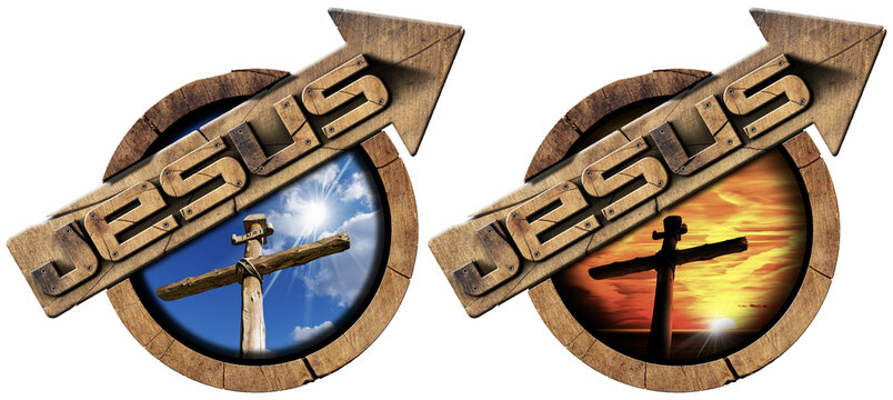 Two wooden directional signs with text Jesus and wooden religious cross. Isolated on white or transparent background. Png.