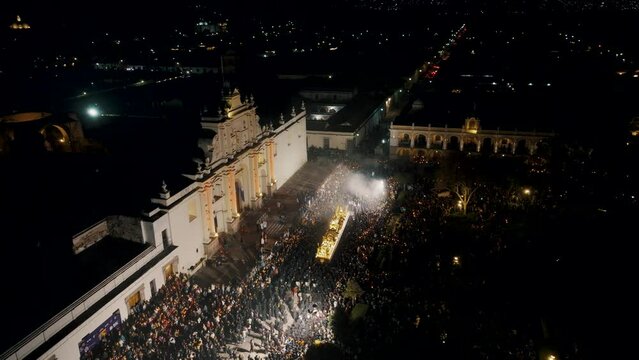 Panoramic View Of Antigua City During The Celebration Of Semana Santa In Guatemala. Aerial Drone Shot