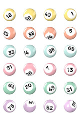 Collection of pastel multi coloured bingo balls in PNG format. 3D rendered bingo balls.