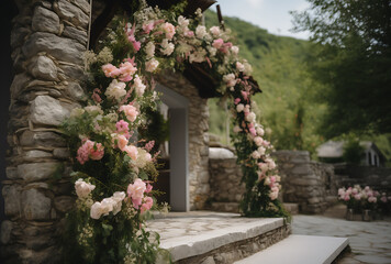 Wedding arch , ceremony with beautiful flowers and greenery in a mountain village, rural country site, generative ai