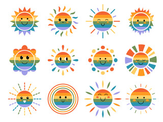 Vector set of LGBT funny suns with faces. Cute summer pride month sunshine emoji. LGBT collection of rainbow childish sunny emoticons. Smiling baby sun with sunbeams. LGBTQ design.