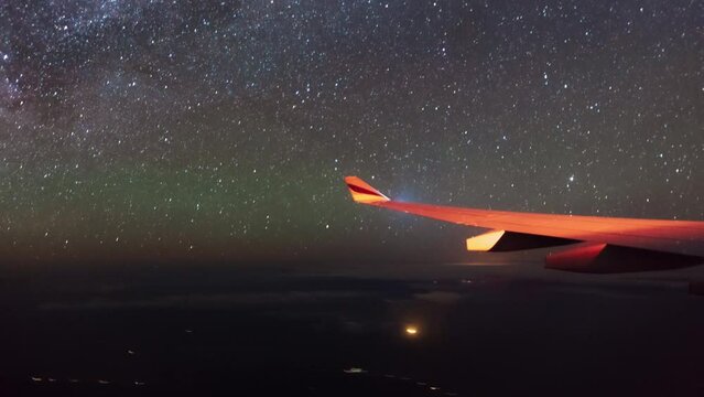 Milky Way timelapse from the airplane window, taken over Africa. Night from the airplane window.  Airbus A330.