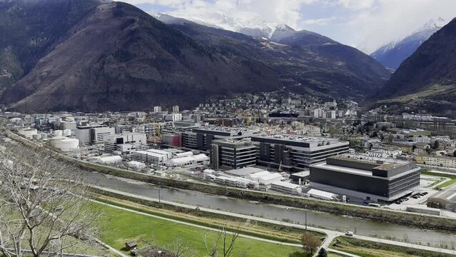 View of the city of VISP in the canton of Valais in Switzerland. In the foreground the LONZA a large chemical and pharmaceutical company