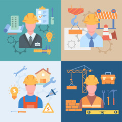 Composition with engineers. Builders in uniform and suit, protective helmets. Construction and urban architecture. Characters with construction tools and bricks. Cartoon flat vector illustration