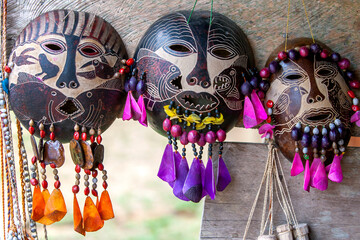 Indian traditional face masks for sale at the Yagua village on the banks of the Amazon River near Iquitos in Peru.