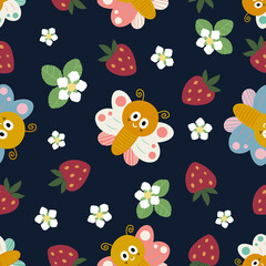 Seamless pattern with butterflies, strawberries and flowers, Children fabric design, Endless summer background, Repeat garden print, Berries and butterflies backdrop