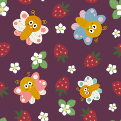 Seamless pattern with butterflies, strawberries and flowers, Children fabric design, Endless summer background, Repeat garden print, Berries and butterflies backdrop