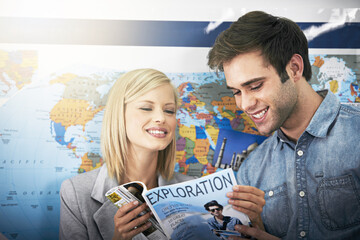 Fototapeta premium Travel agent, office and happy people reading brochure information, sightseeing service or planning world tour. Book magazine, business agency teamwork and team review holiday destination choice