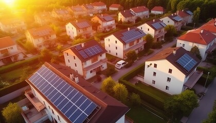 Aerial drone view of modern residential area with solar photovoltaic panels - obrazy, fototapety, plakaty