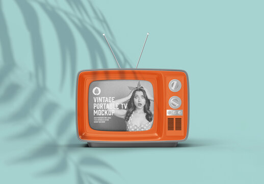 Vintage Portable TV with Old Video Effect Screen Mockup