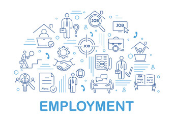 Fototapeta na wymiar Employment icons composition. Labor and job. Characters shaking hands, HR manager and potential candidate on interview. Expansion of staff and recruitment to company. Flat vector illustration