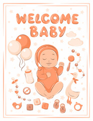 Welcome baby. Toys, balloons and child care items. Vector illustration