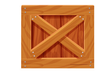 Wooden box, delivery container in cartoon style, game asset isolated on white background. Wood packing, open textured.