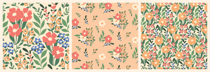 Seamless floral pattern, cute ditsy print with hand drawn flora in set. Pretty botanical design: meadow plants, wild flowers, leaves on a white and pink background. Vector illustration.