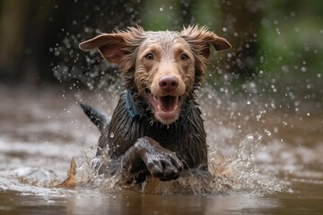 Labrador retriever dog jumping into water (Ai generated)