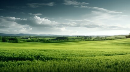 Fototapeta premium Idyllic landscape with blooming meadows in springtime. Generative AI.