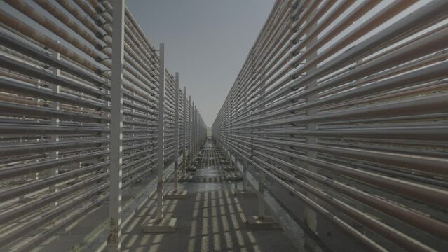 A perspective shot of thousands semi transparent pipes that red algae running inside them, at a unique algae production facility, in the Israeli desert. a 4K F-log video clip.