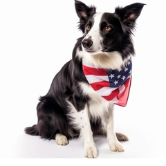 A black and white dog wearing an American flag, on America Day 
