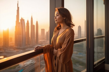 Stylish and rich woman in dress enjoying Dubai skyline with skyscrapers architecture from luxury hotel at sunset. Visit United Arab Emirates. Generative AI.