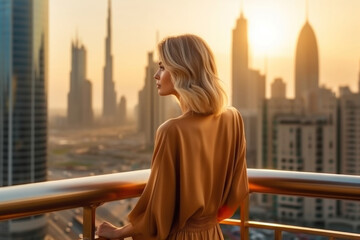 Stylish and rich blonde woman enjoying Dubai skyline with skyscrapers architecture from luxury hotel.  Visit United Arab Emirates. Generative AI.