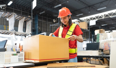 Warehouse staff packing goods for shipping order dispatch. Asian woman working in storehouse...