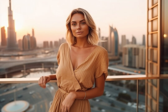 Stylish and rich blonde woman enjoying Dubai skyline with skyscrapers architecture from luxury hotel.  Visit United Arab Emirates. Generative AI.