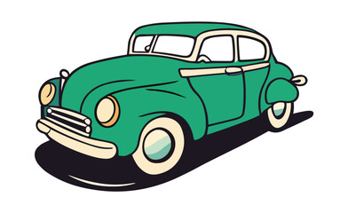 Fototapeta na wymiar Retro car side view cartoon vector illustration isolated on transparent background. Old abstract automobile. Green auto. Vintage Wheel transport profile. Antique vehicle emblem, logo, poster design.