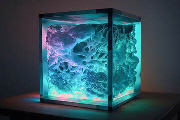 Glass cube stand. Glass material. Cube shape. Geometric. Generative AI