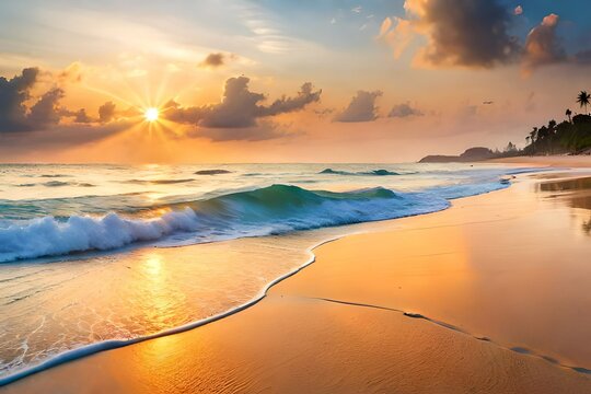 Photo hyperrealistic of Closeup sea sand beach. Panoramic beach landscape. Inspire tropical beach seascape horizon. Orange and golden sunset sky calmness tranquil relaxing sunlight summer mood