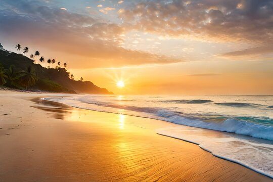 Photo hyperrealistic of closeup sea sand beach. Panoramic beach landscape. Inspire tropical beach seascape horizon. Orange and golden sunset sky calmness tranquil relaxing sunlight summer mood.