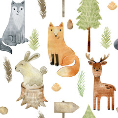 Watercolor forest wildlife seamless pattern with animals and leaves. Cute cartoon characters.