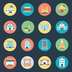 Set of Buildings Flat Circular Icons 

