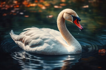 Fototapeta premium White swan swimming at lake. Generative AI