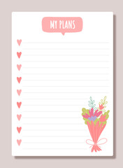 Notebook sheet concept. Paper with bouquet of flowers and inscription my goals. To do list, memo and planning, organizer. Organization of efficient study process. Cartoon flat vector illustration